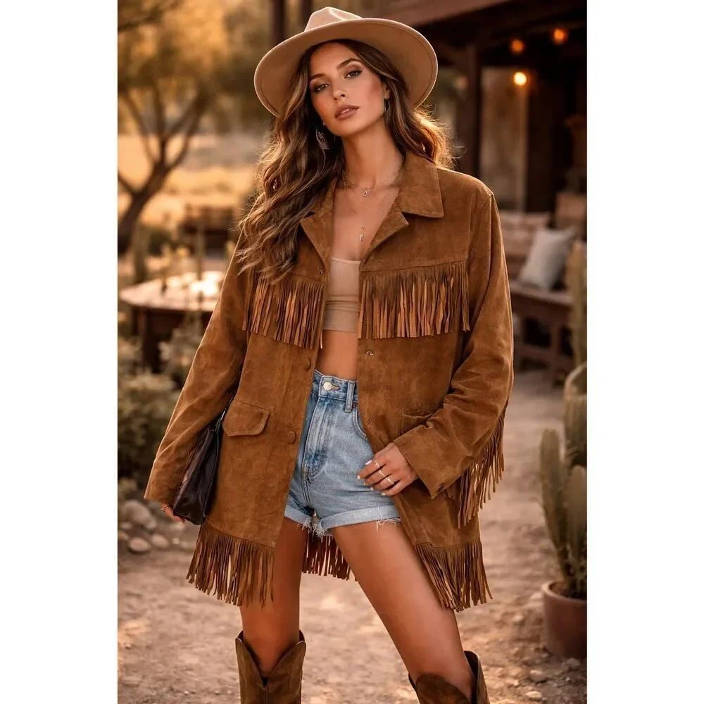 Marlboro Vintage 100% Genuine Leather Fringe Jacket Western Boho Brown XL - Picture 1 of 7